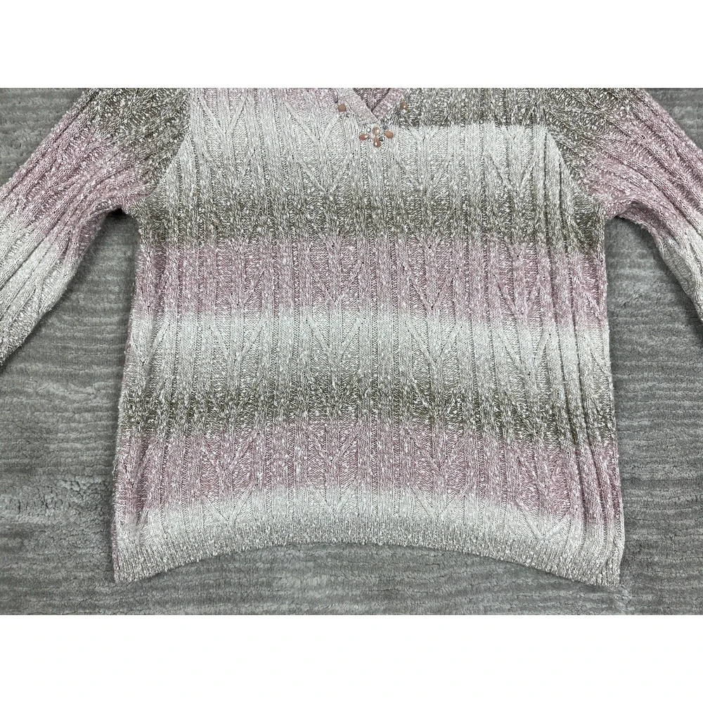 Alfred Dunner Sweater Women M Pink Ombre Cable Knit Beaded Split Neck 3/4 Sleeve